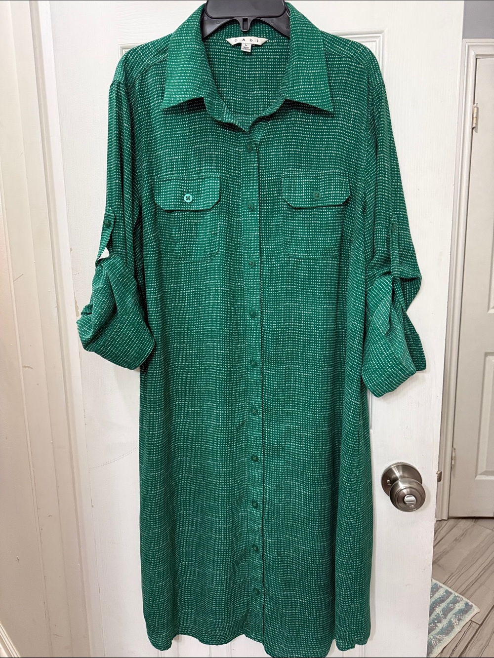 Emerald Green Long Sleeve Shirt Dress with small polka dot pattern